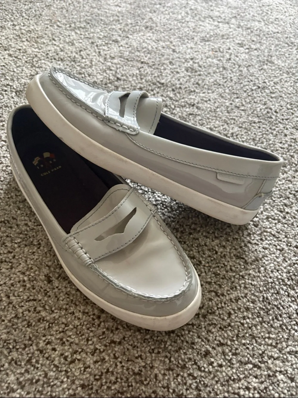 Cole Haan Light Gray Patent Penny Loafers with White Sole